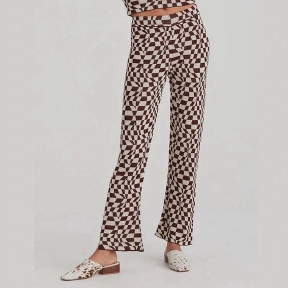 Paloma Wool Orinocco Knit Pants XS Brown White Checkerboard Stretch - Picture 1 of 5